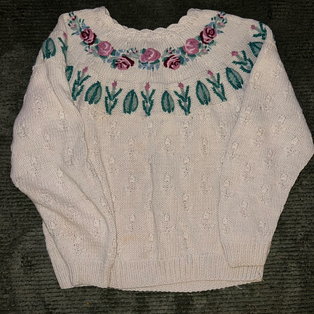 Floral Embroidered Cream Sweater Vintage Hand Knitted